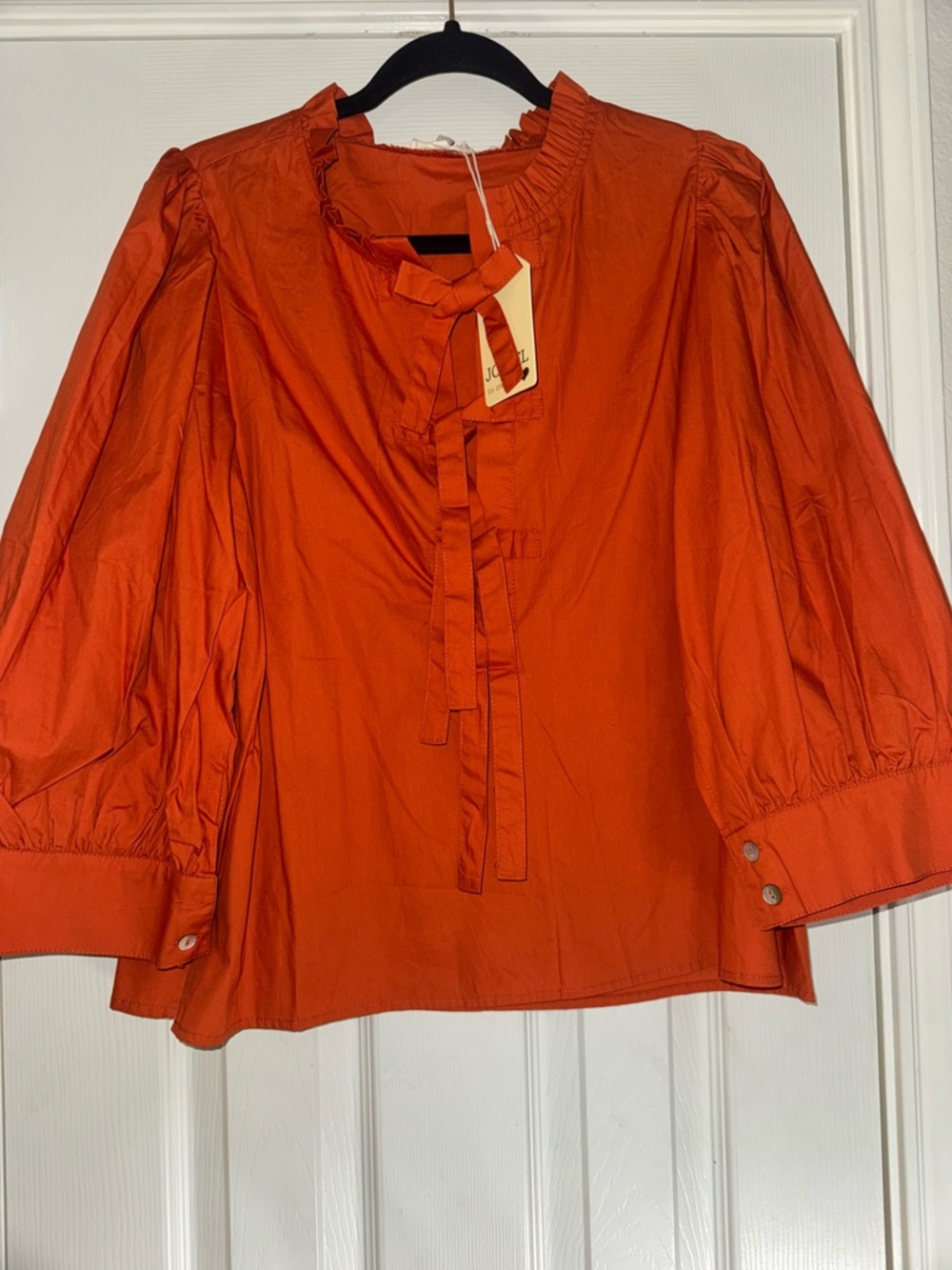 JODIFL Orange Ruffle Tie-Neck Blouse